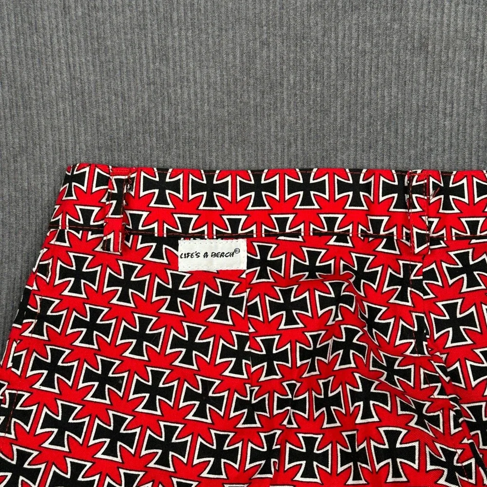 Vintage Lifes A Beach Iron Cross Print Pants Red Black Surf Streetwear 31x34